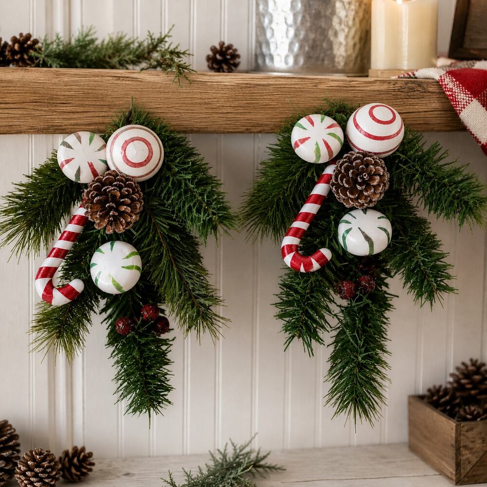 🎅🏻🍬Vintage Peppermint Candy Christmas Garland Sprigs Faux Pine Picks Pair 11"